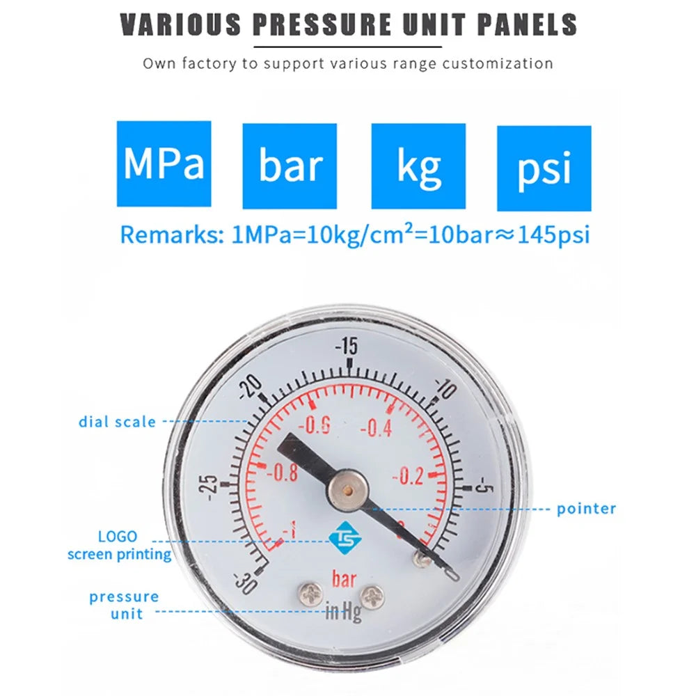 TS-YZ40Z8-30inhg High Precision Water Pressure Gauge Vacuum Gas Oil Pressure Gauge with Dual Scale -30-0 inHg  /  -1-0 Bar - 2