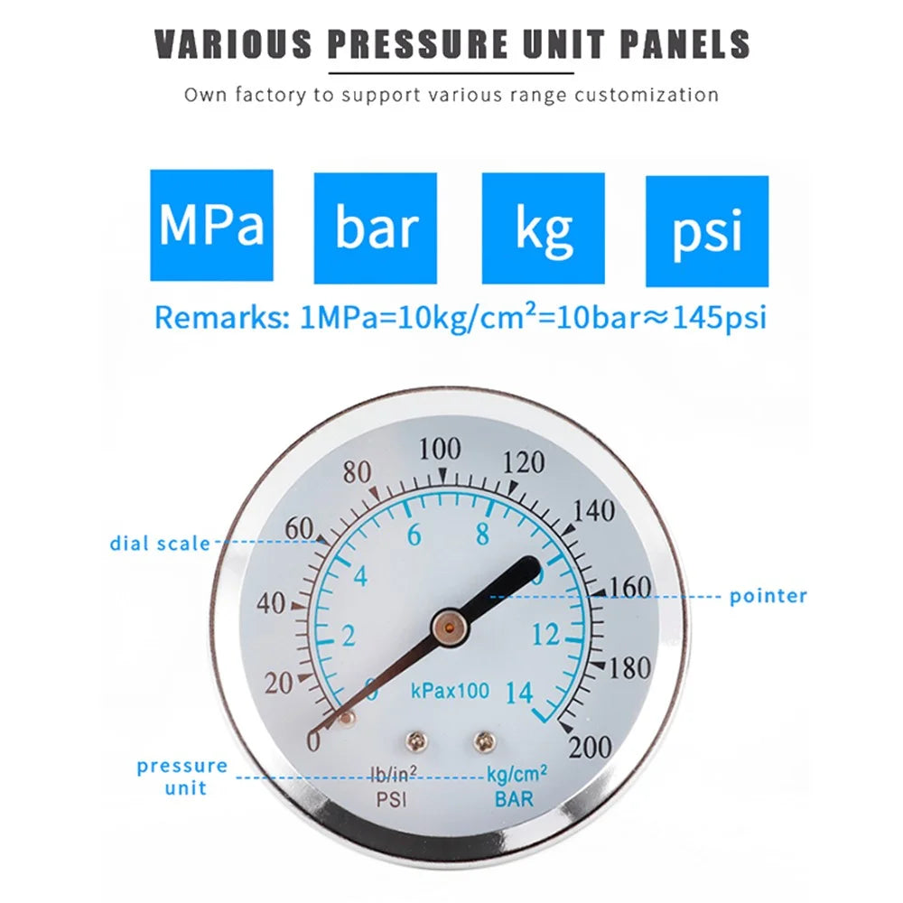 TS-Y60Z8-14kg / cm2 60mm Dial Gas Pressure Gauge Stainless Steel Dual Scale Oil Water Pressure Gauge with 1 / 8'' NPT Mount - 2