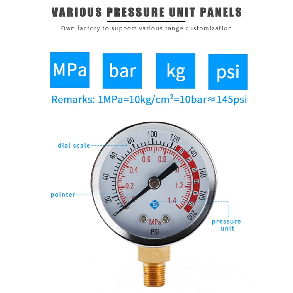 TS-Y50-1.4mpa-Y Large 50mm Dial Dual Scale Design Oil Water Pressure Gauge Stainless Steel Gas Pressure Gauge - 2