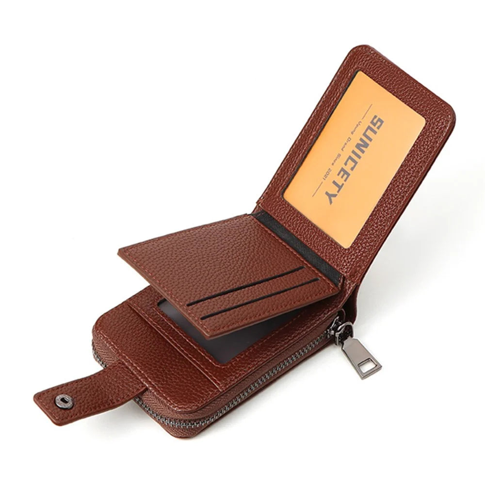 SUNICETY Litchi Texture PU Leather Card Holder Pouch Compact Size Bank Card Driver's License Storage Bag Wallet  for Men - Brown - 5