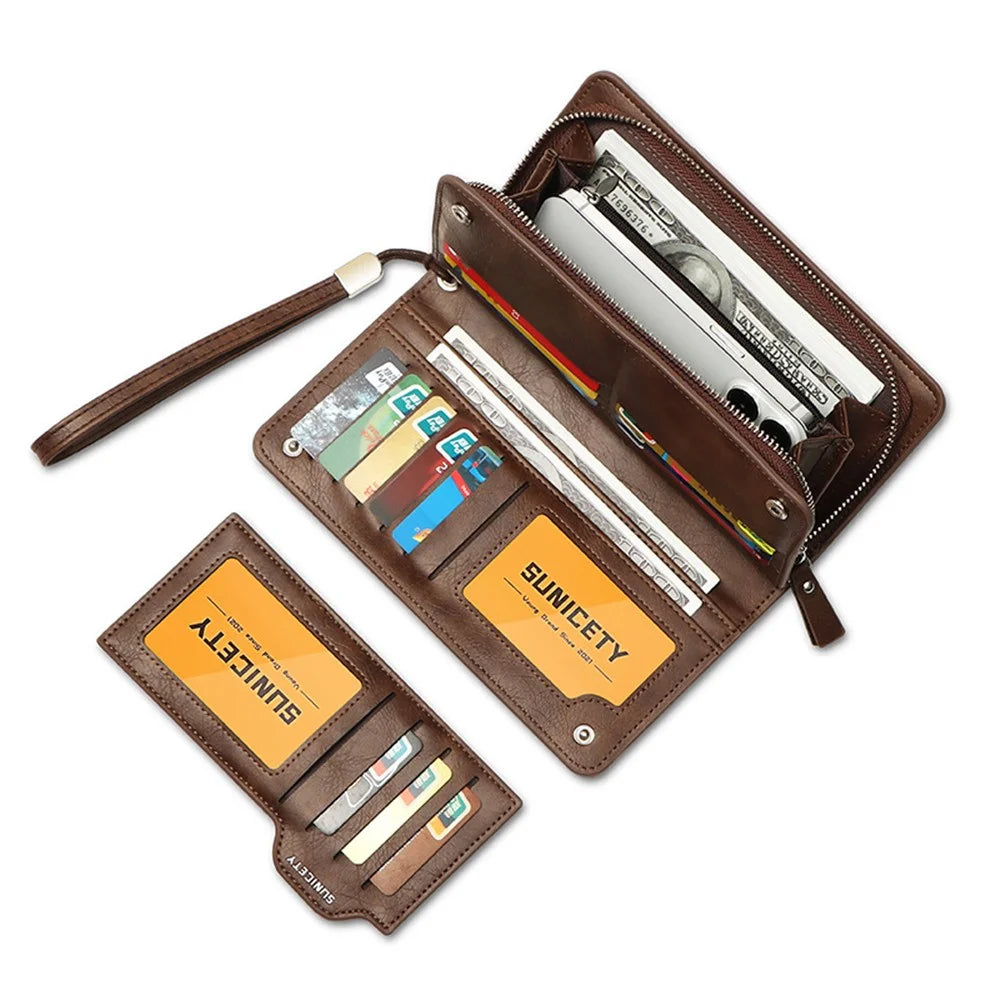 SUNICETY Men's Long Wallet RFID Blocking Card Storage Pouch Money Cash Coin Carrying Bag Cell Phone Clutch Purse - Coffee - 4