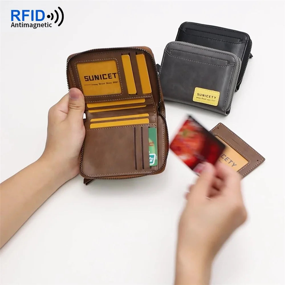 SUNICETY Retro Style PU Leather Card Carrying Bag Money Cash Coin Storage Pouch RFID Blocking Wallet - Brown - 2