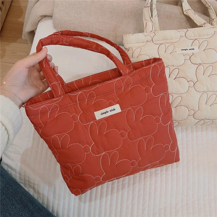 576 Rabbit Pattern Cotton Cloth Handbag Shopping Tote Bag Large Capacity Soft Travel Storage Hand Bag - Red - 2