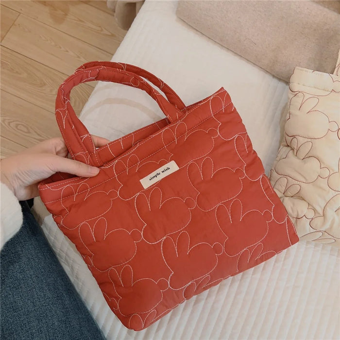 576 Rabbit Pattern Cotton Cloth Handbag Shopping Tote Bag Large Capacity Soft Travel Storage Hand Bag - Red - 3