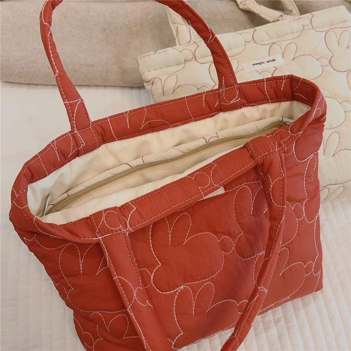 576 Rabbit Pattern Cotton Cloth Handbag Shopping Tote Bag Large Capacity Soft Travel Storage Hand Bag - Red - 4