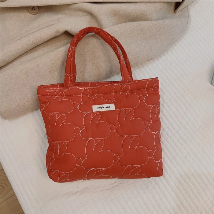 576 Rabbit Pattern Cotton Cloth Handbag Shopping Tote Bag Large Capacity Soft Travel Storage Hand Bag - Red - 5