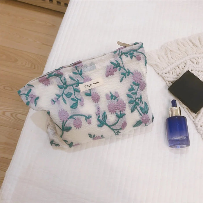 206 Chamomile Pattern Cosmetic Organizer Travel Bag Large Canvas Toiletries Women Teen Girls Makeup Storage Pouch - Purple - 2