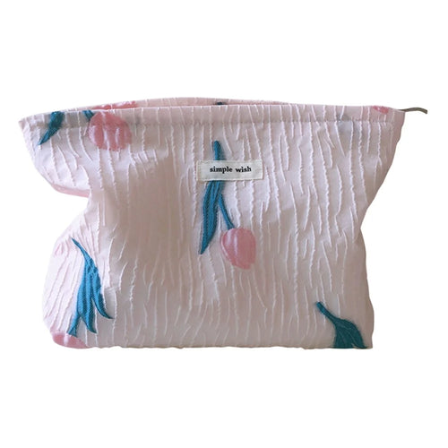 204 Large Canvas Makeup Cosmetic Bag Travel Organizer Flower Pattern Toiletry Container Travel Bag - Pink / Tulip - 1