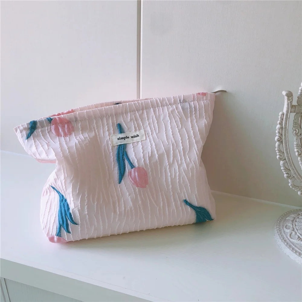 204 Large Canvas Makeup Cosmetic Bag Travel Organizer Flower Pattern Toiletry Container Travel Bag - Pink / Tulip - 2