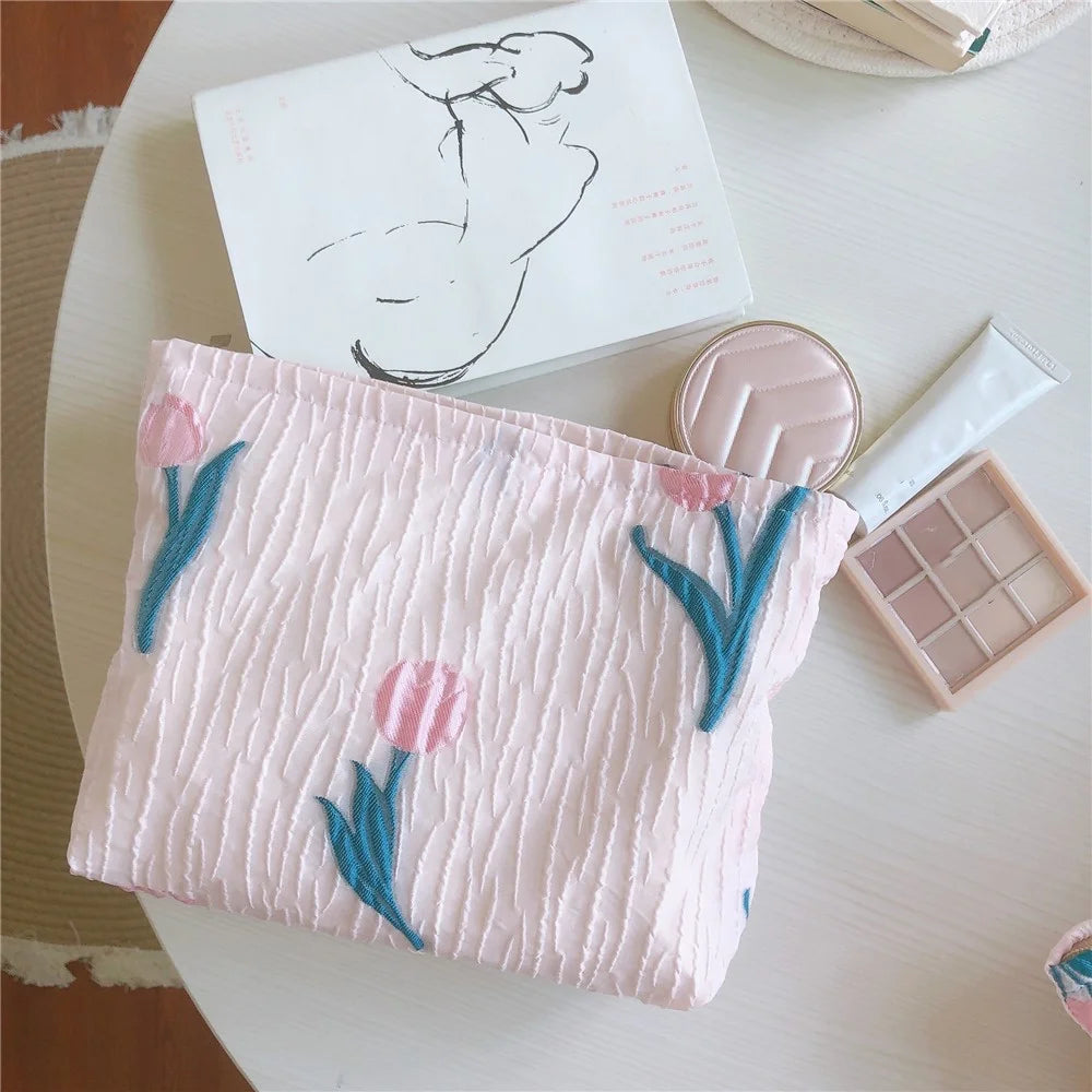 204 Large Canvas Makeup Cosmetic Bag Travel Organizer Flower Pattern Toiletry Container Travel Bag - Pink / Tulip - 3
