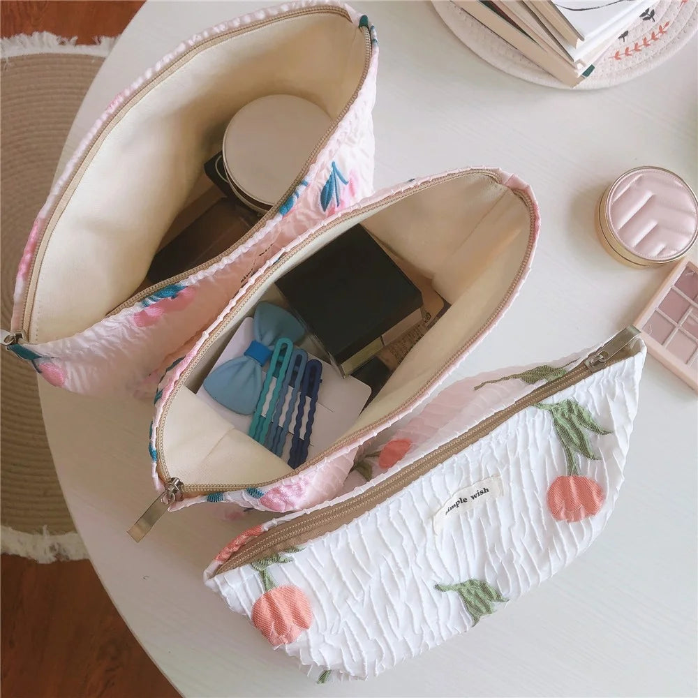 204 Large Canvas Makeup Cosmetic Bag Travel Organizer Flower Pattern Toiletry Container Travel Bag - Pink / Tulip - 5
