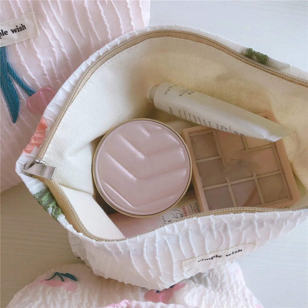 204 Large Canvas Makeup Cosmetic Bag Travel Organizer Flower Pattern Toiletry Container Travel Bag - Pink / Tulip - 6