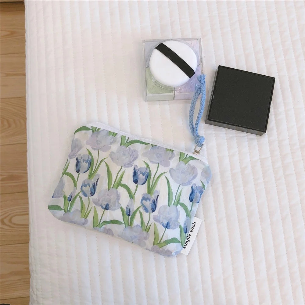 514 Flower Geometry Pattern Canvas Coin Purse Change Earphone Storage Bag Mini Wallet - Baby Blue Tulip - 2
