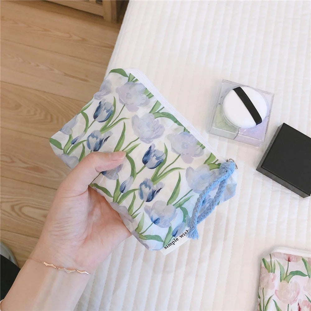 514 Flower Geometry Pattern Canvas Coin Purse Change Earphone Storage Bag Mini Wallet - Baby Blue Tulip - 3