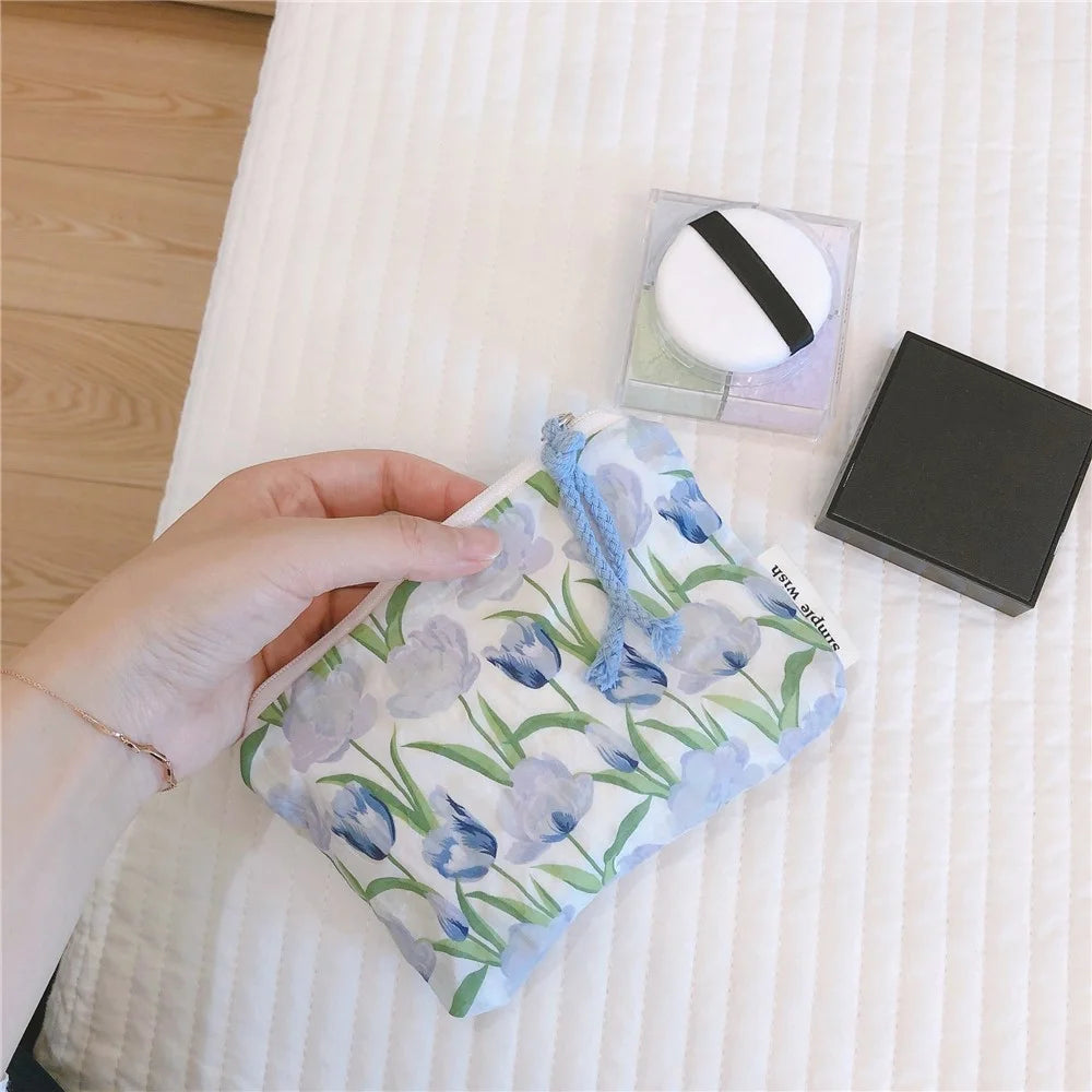 514 Flower Geometry Pattern Canvas Coin Purse Change Earphone Storage Bag Mini Wallet - Baby Blue Tulip - 4