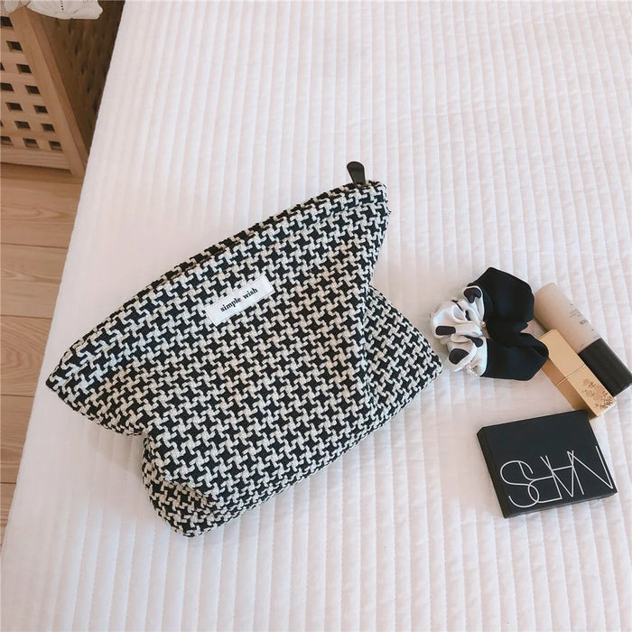 456 Flower Grid Pattern Vintage Canvas Cosmetic Bag Toiletry Container Storage Bag Pouch - Grid Pattern - 3