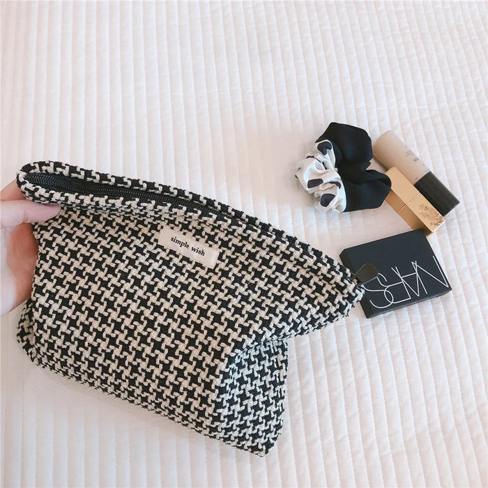 456 Flower Grid Pattern Vintage Canvas Cosmetic Bag Toiletry Container Storage Bag Pouch - Grid Pattern - 4