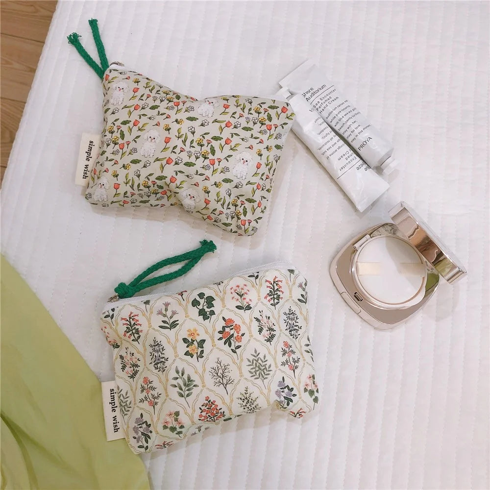 532 Portable Coin Purse Makeup Storage Bag Earphone Electronic Accessories Organizer Money Cash Pouch Wallet - Dark Green / Flower - 3