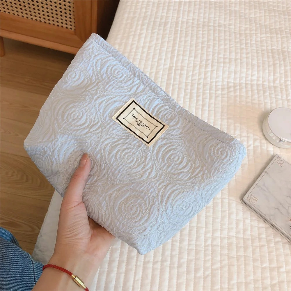 377 Embossment Rose Design Makeup Bag Cosmetic Bag Large Capacity Cotton Cloth Travel Toiletry Bag Accessories Organizer Pouch - Blue - 1