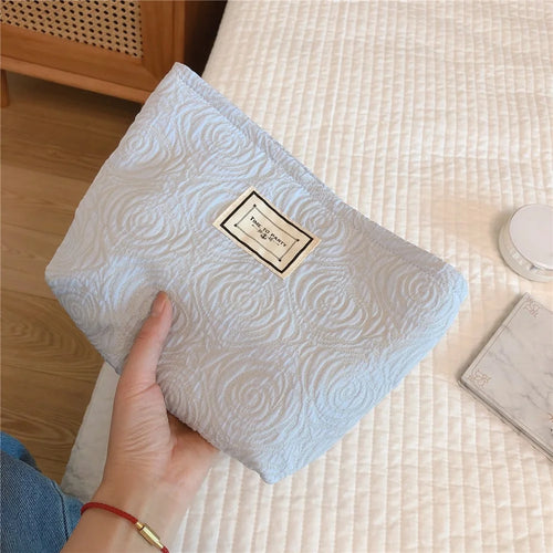 377 Embossment Rose Design Makeup Bag Cosmetic Bag Large Capacity Cotton Cloth Travel Toiletry Bag Accessories Organizer Pouch - Blue - 1
