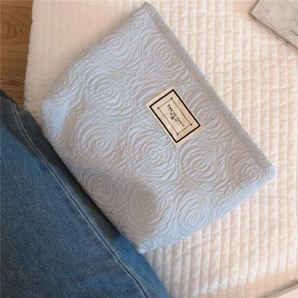 377 Embossment Rose Design Makeup Bag Cosmetic Bag Large Capacity Cotton Cloth Travel Toiletry Bag Accessories Organizer Pouch - Blue - 2