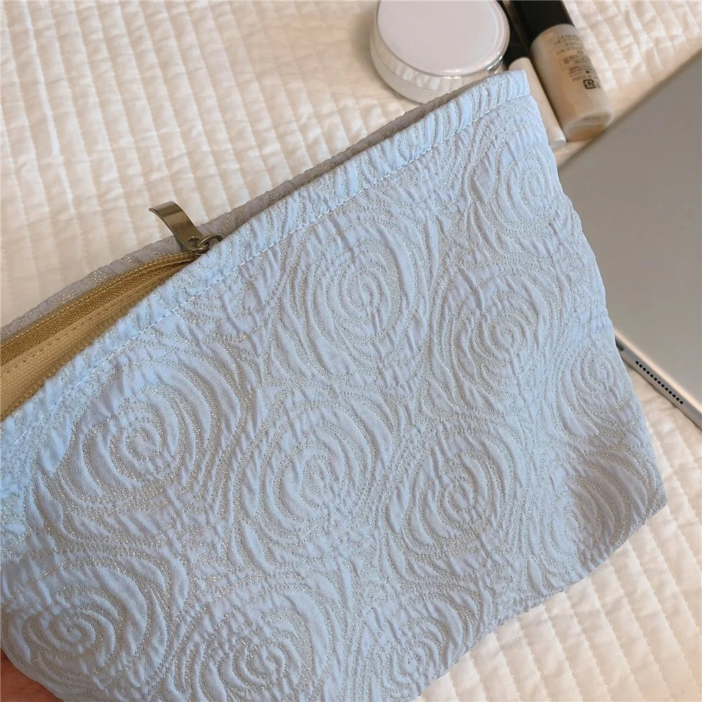 377 Embossment Rose Design Makeup Bag Cosmetic Bag Large Capacity Cotton Cloth Travel Toiletry Bag Accessories Organizer Pouch - Blue - 3