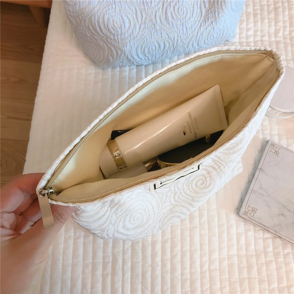377 Embossment Rose Design Makeup Bag Cosmetic Bag Large Capacity Cotton Cloth Travel Toiletry Bag Accessories Organizer Pouch - Blue - 4