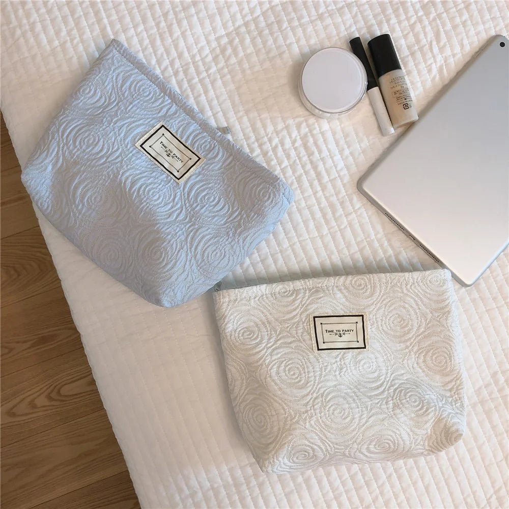 377 Embossment Rose Design Makeup Bag Cosmetic Bag Large Capacity Cotton Cloth Travel Toiletry Bag Accessories Organizer Pouch - Blue - 5