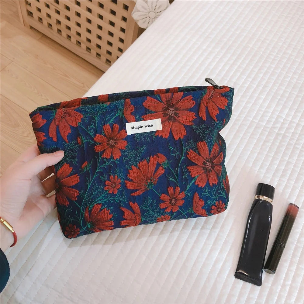 146 Retro Style Cosmetic Bag Large Makeup Bag Travel Toiletries Storage Pouch Zipper Closure Organizer for Women and Girls - Red Flower / Navy Blue - 1