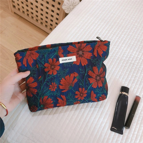 146 Retro Style Cosmetic Bag Large Makeup Bag Travel Toiletries Storage Pouch Zipper Closure Organizer for Women and Girls - Red Flower / Navy Blue - 1