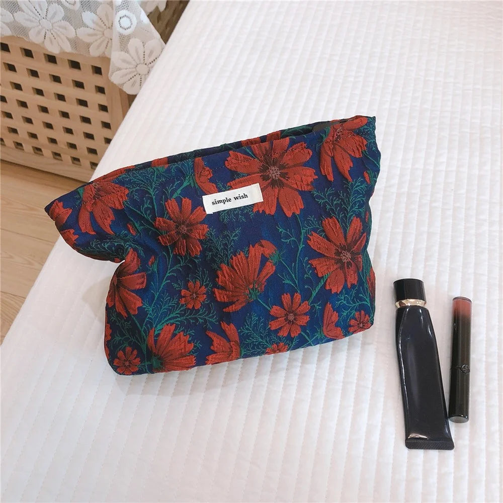 146 Retro Style Cosmetic Bag Large Makeup Bag Travel Toiletries Storage Pouch Zipper Closure Organizer for Women and Girls - Red Flower / Navy Blue - 2