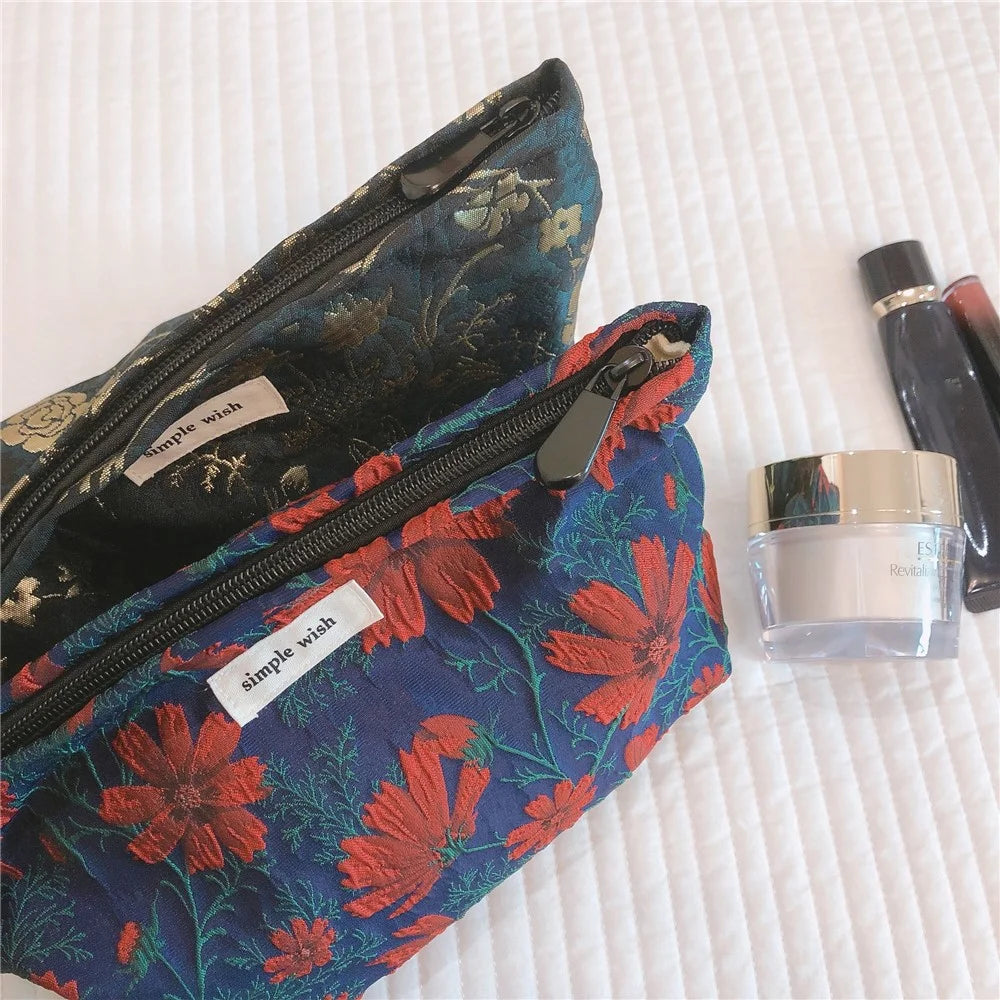 146 Retro Style Cosmetic Bag Large Makeup Bag Travel Toiletries Storage Pouch Zipper Closure Organizer for Women and Girls - Red Flower / Navy Blue - 3