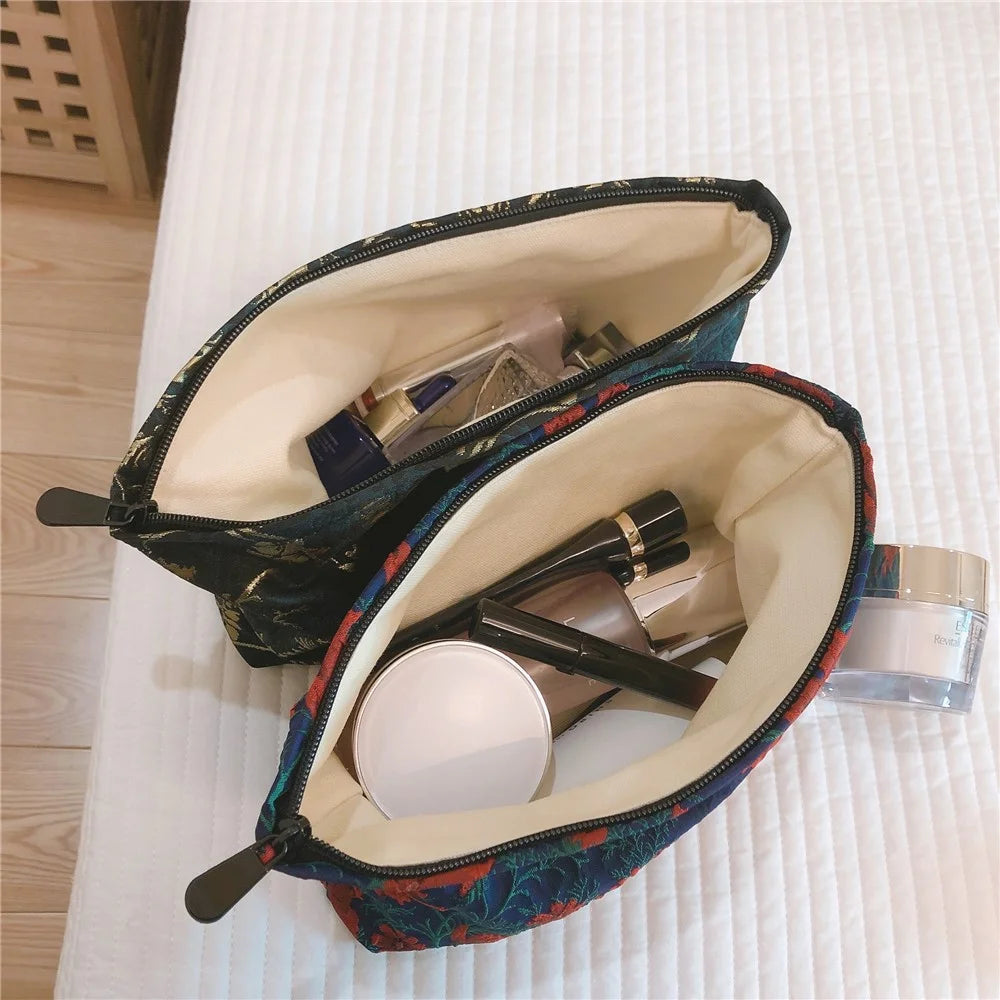 146 Retro Style Cosmetic Bag Large Makeup Bag Travel Toiletries Storage Pouch Zipper Closure Organizer for Women and Girls - Red Flower / Navy Blue - 4