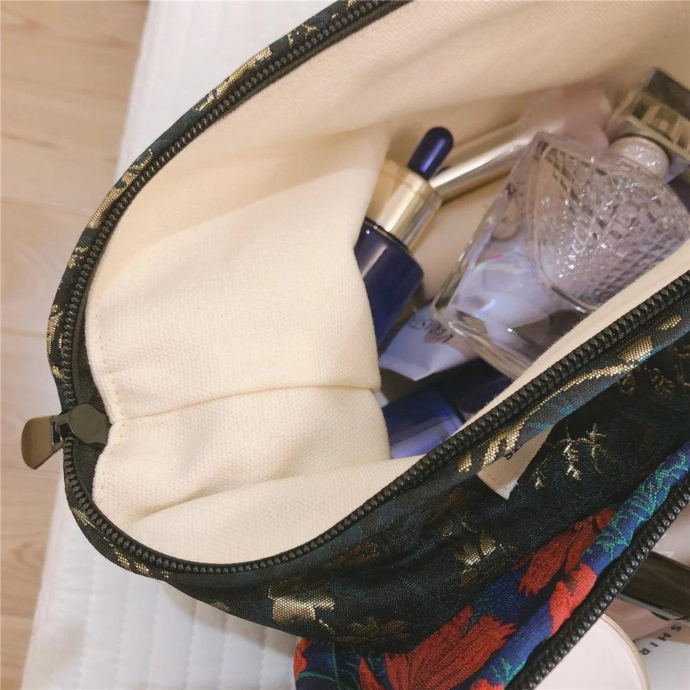 146 Retro Style Cosmetic Bag Large Makeup Bag Travel Toiletries Storage Pouch Zipper Closure Organizer for Women and Girls - Red Flower / Navy Blue - 5