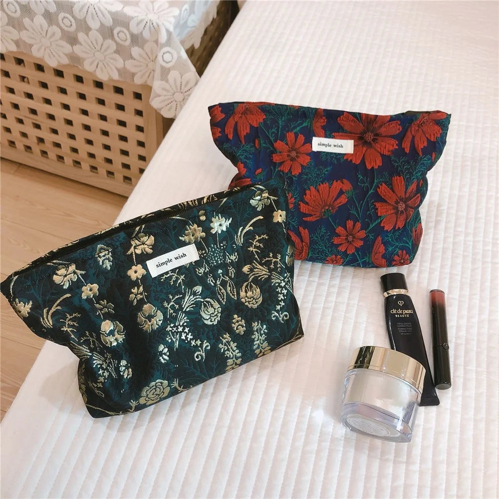 146 Retro Style Cosmetic Bag Large Makeup Bag Travel Toiletries Storage Pouch Zipper Closure Organizer for Women and Girls - Red Flower / Navy Blue - 7