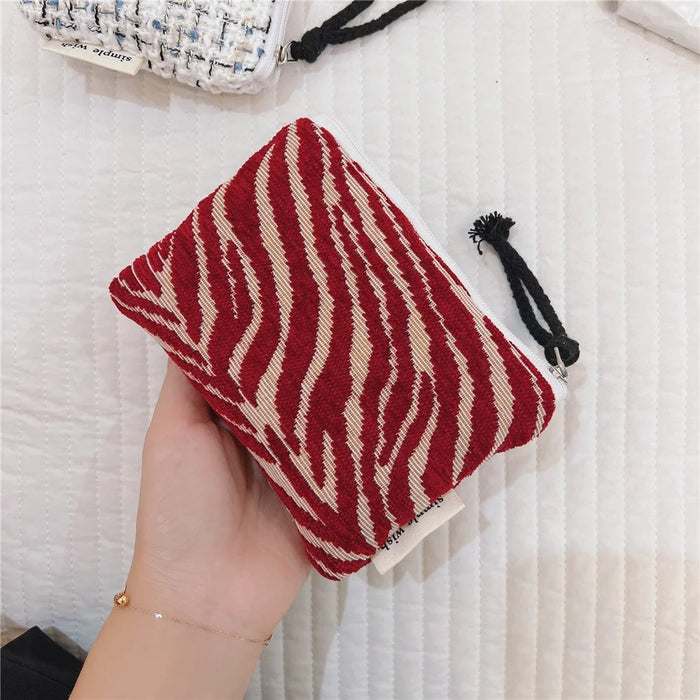 542 Canvas Coin Storage Bag Pouch Zipper Small Change Purse Card Key Holder Mini Wallet - Red Chenille - 2