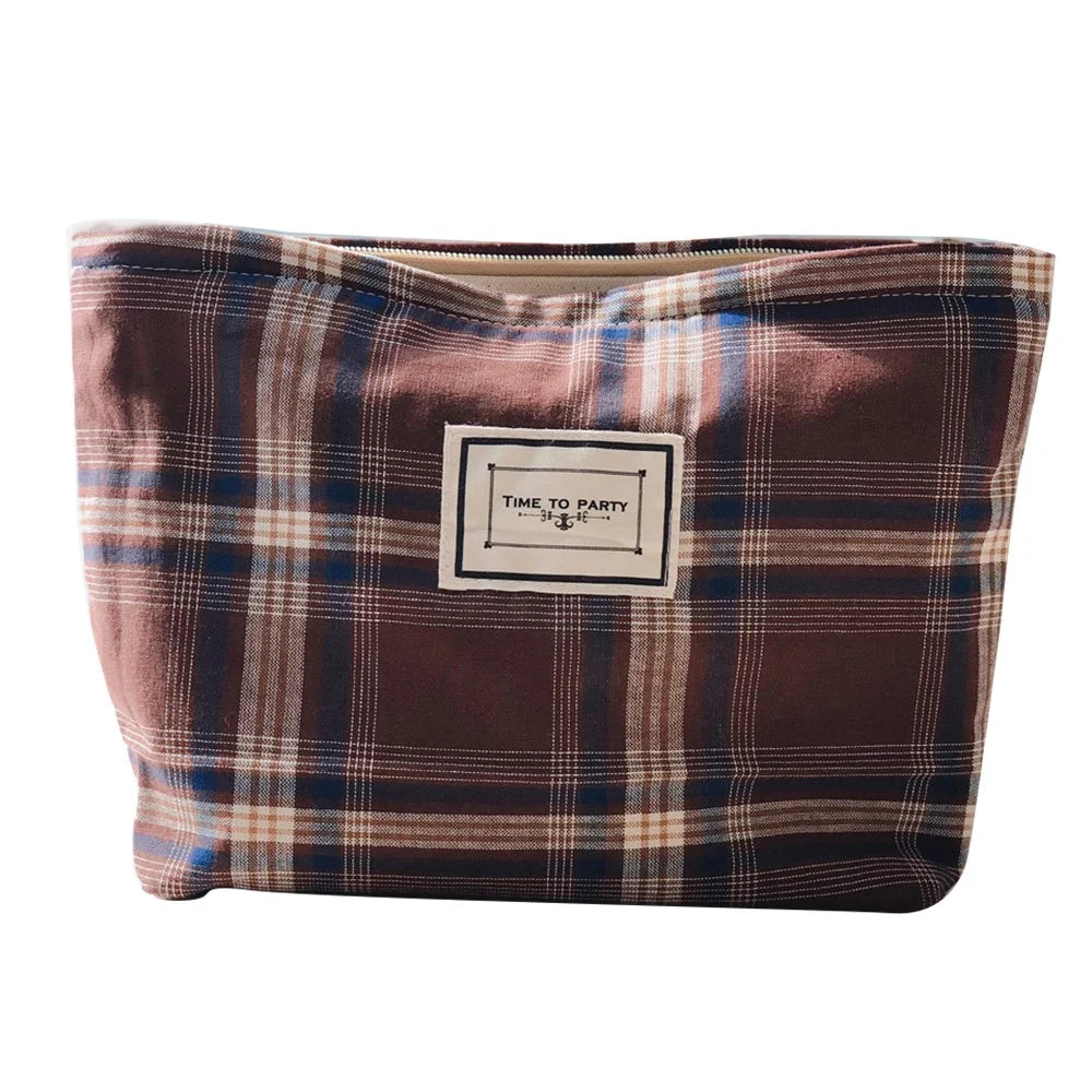 427 Cotton Makeup Storage Pouch Anti-Wear Toiletries Women Teen Girls Cosmetic Organizer Travel Hand Bag - Coffee / Large Grid - 1