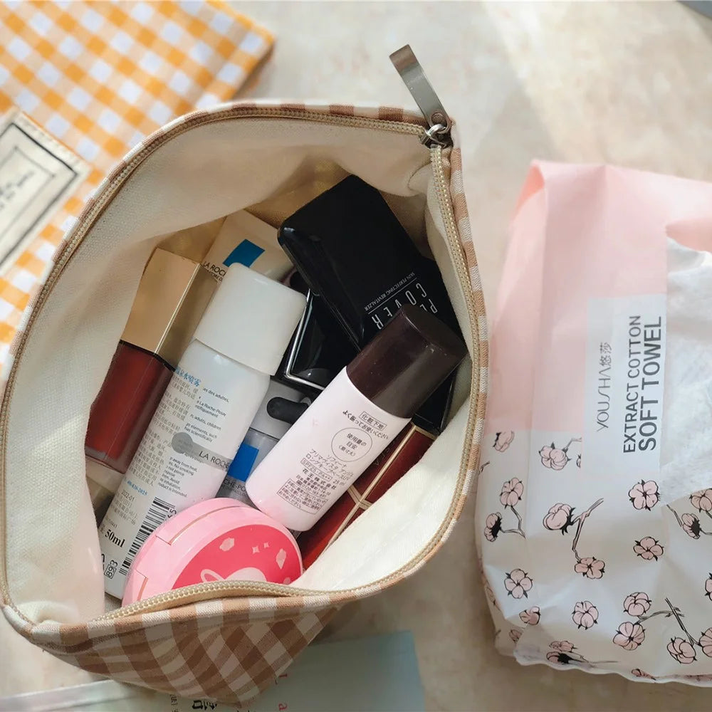 427 Cotton Makeup Storage Pouch Anti-Wear Toiletries Women Teen Girls Cosmetic Organizer Travel Hand Bag - Coffee / Large Grid - 2