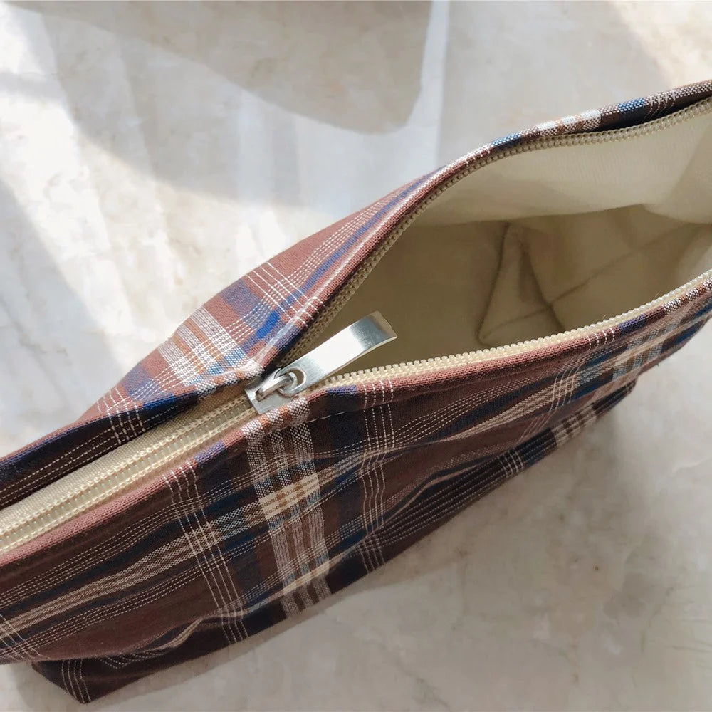 427 Cotton Makeup Storage Pouch Anti-Wear Toiletries Women Teen Girls Cosmetic Organizer Travel Hand Bag - Coffee / Large Grid - 6
