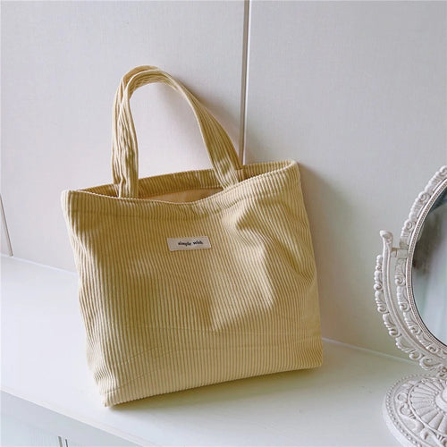 572 Solid Color Corduroy Toiletries Handbag Cosmetic Organizer Bag Large Makeup Storage Pouch for Women and Teen Girls - Light Yellow - 1