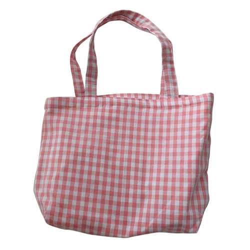 573 Women Cotton Tote Bag Grid Pattern Shoulder Bag for Gym, Work, School - Pink - 1