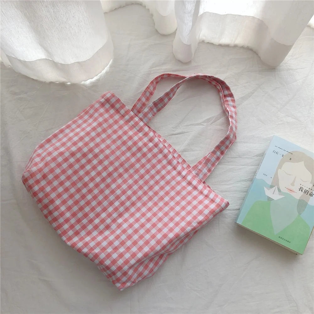 573 Women Cotton Tote Bag Grid Pattern Shoulder Bag for Gym, Work, School - Pink - 2