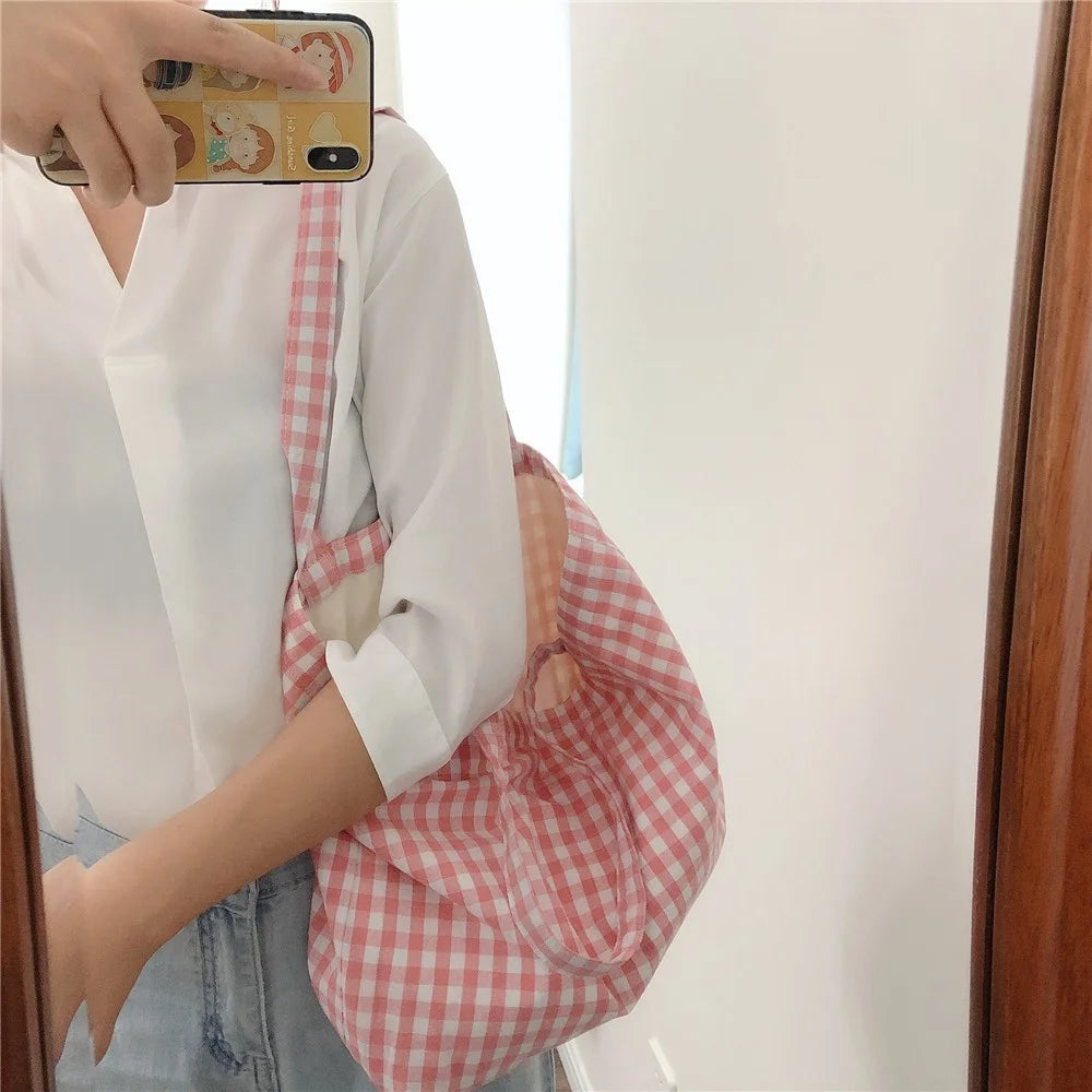 573 Women Cotton Tote Bag Grid Pattern Shoulder Bag for Gym, Work, School - Pink - 6