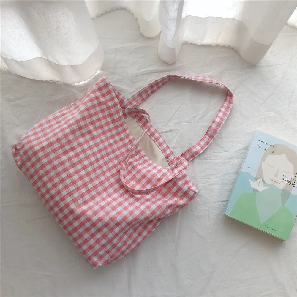 573 Women Cotton Tote Bag Grid Pattern Shoulder Bag for Gym, Work, School - Pink - 7