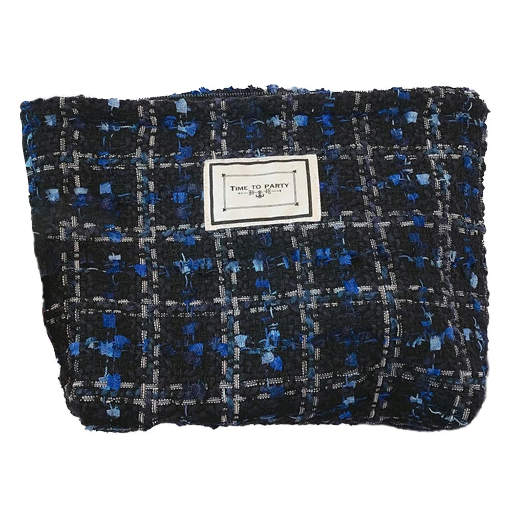 94 Elegant Toiletries Large Canvas Makeup Storage Pouch Wear-resistant Women Teen Girls Cosmetic Organizer Travel Bag - Blue and Black Grid - 1