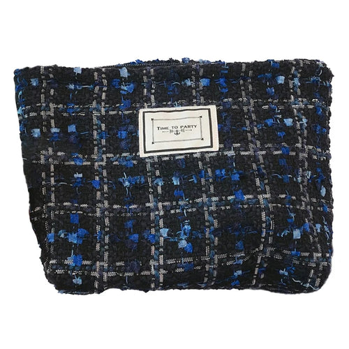 94 Elegant Toiletries Large Canvas Makeup Storage Pouch Wear-resistant Women Teen Girls Cosmetic Organizer Travel Bag - Blue and Black Grid - 1