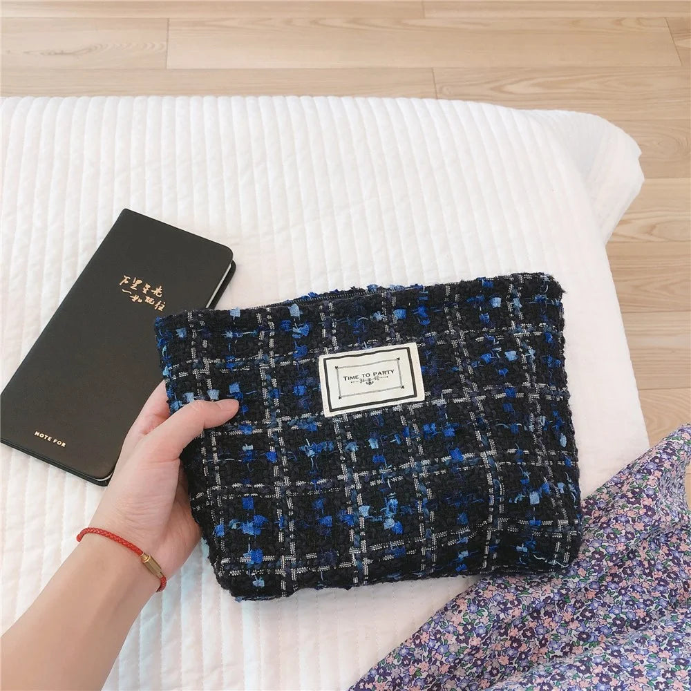 94 Elegant Toiletries Large Canvas Makeup Storage Pouch Wear-resistant Women Teen Girls Cosmetic Organizer Travel Bag - Blue and Black Grid - 2