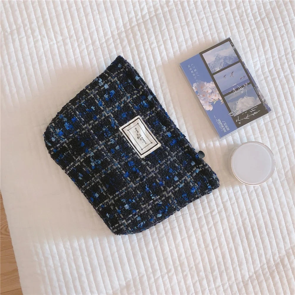 94 Elegant Toiletries Large Canvas Makeup Storage Pouch Wear-resistant Women Teen Girls Cosmetic Organizer Travel Bag - Blue and Black Grid - 5