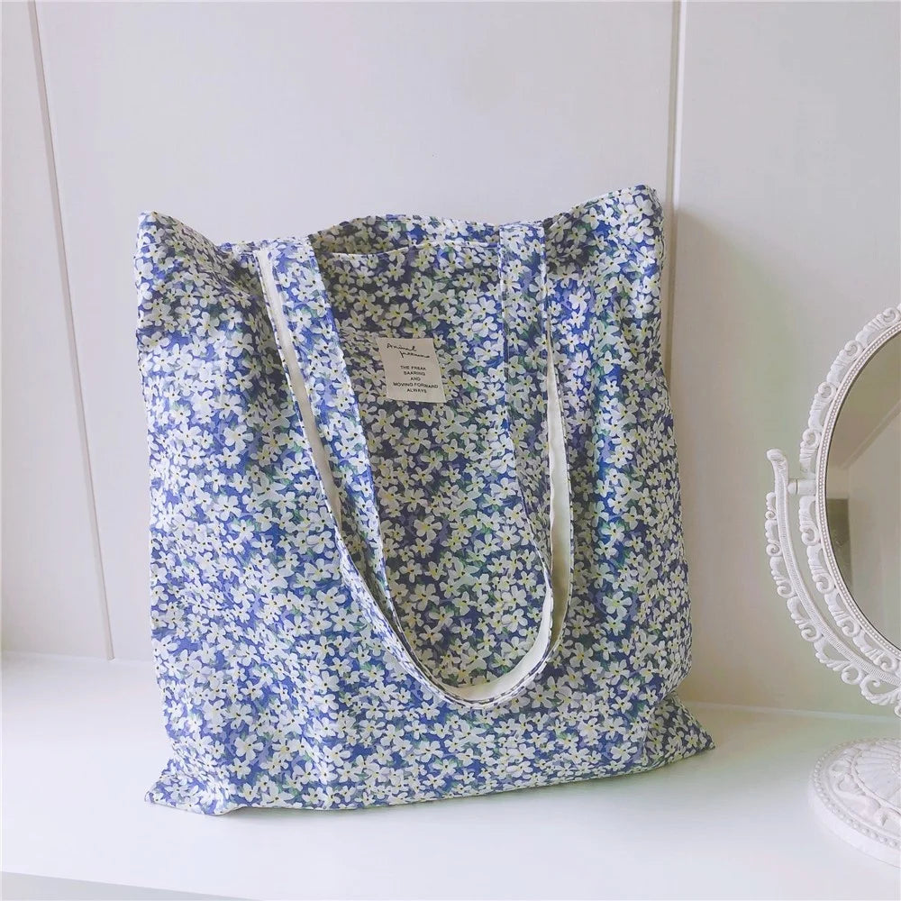 256 Cotton Tote Bag Floral Flower Pattern Wear-resistant Large Capacity Canvas Shoulder Bag for Gym, Work, School - Blue Flower - 2