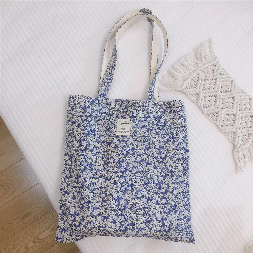 256 Cotton Tote Bag Floral Flower Pattern Wear-resistant Large Capacity Canvas Shoulder Bag for Gym, Work, School - Blue Flower - 3